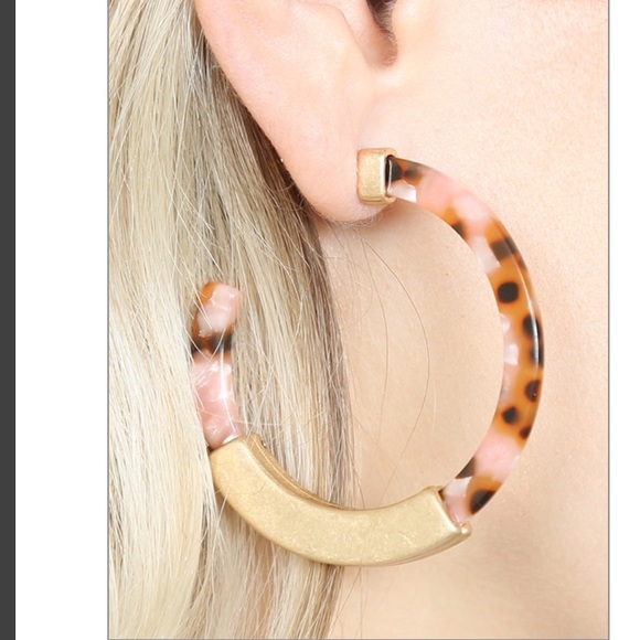 Blush PINK HALF METAL CAST tortoise shell post HOOP EARRINGS - Picture 2 of 10